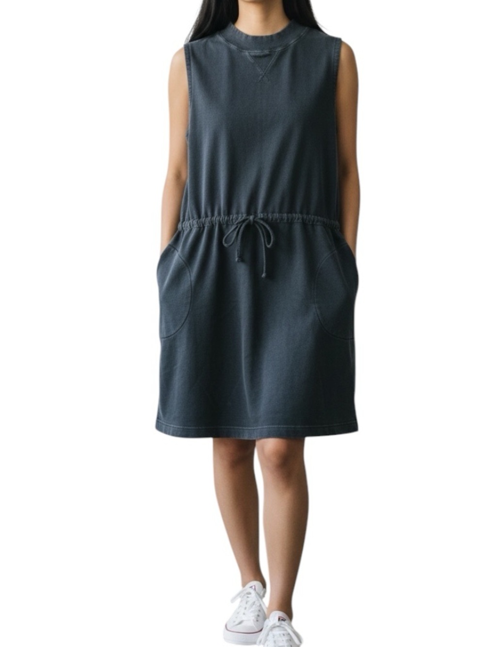 Zella Slate Blue Crewneck Sleeveless Drawstring Waist Cotton Pocket Dress
